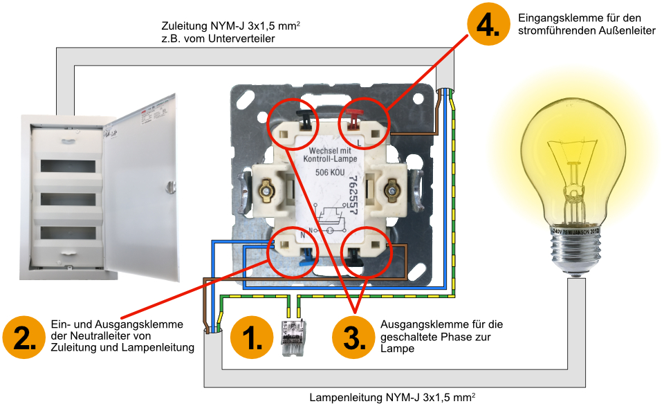 Kontrollschaltung, Elektroinstallation, Kontrollschalter verklemmen, Kontrollschalter montieren, Ausschalter mit Kontrolllämpchen