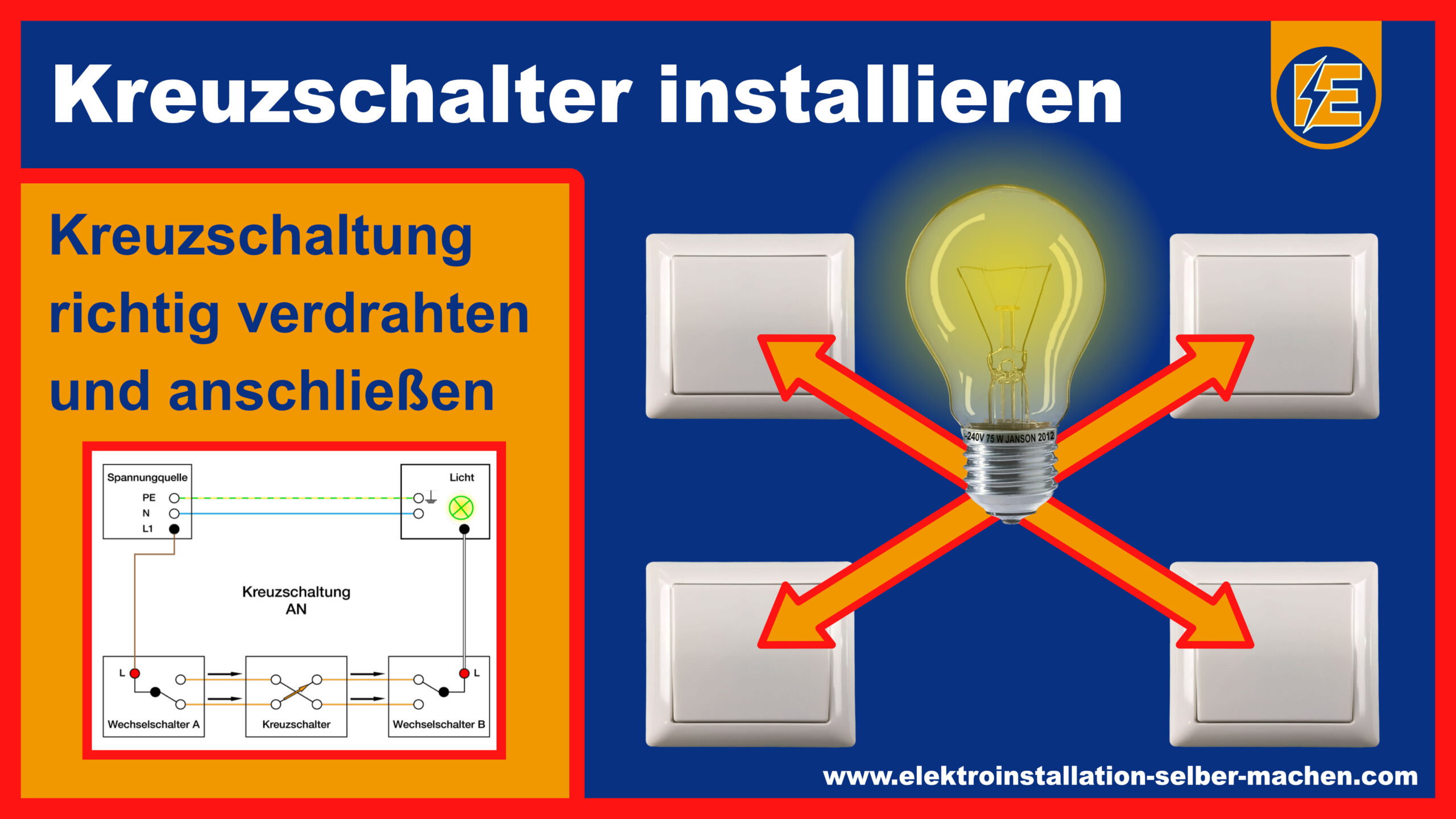 Kreuzschaltung anschließen, Kreuzschalter Anleitung, Elektroinstallation selber machen, DIY, mehrere Schalter anschließen, montieren